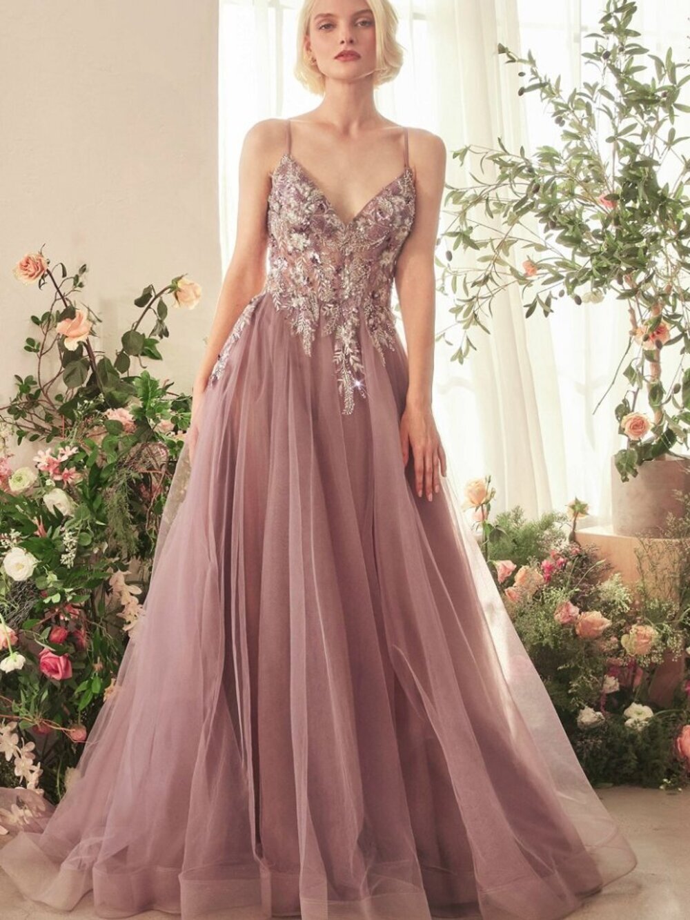 NEW LONG FORMAL A-LINE SLEEVELESS TULLE GOWN W/ FLORAL LACE APPLIQUE CD A1419